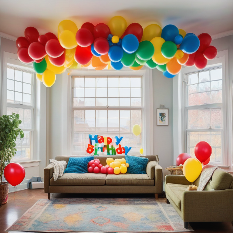 A festive living room decorated with multicolored balloons and a 'Happy Birthday' banner.