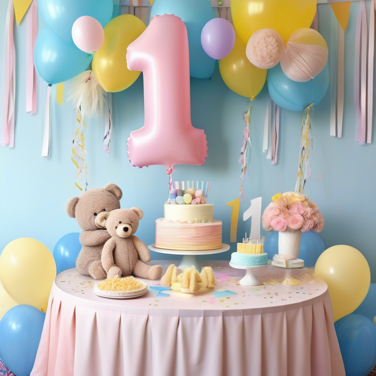 Whimsical first birthday party setup with pastel streamers, a number one balloon, a tiered cake, and a teddy bear in a party hat.