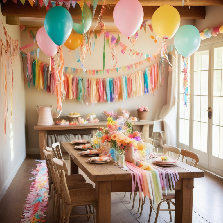 Festive room decorated for a birthday with a flower-covered table, streamers, and balloons.