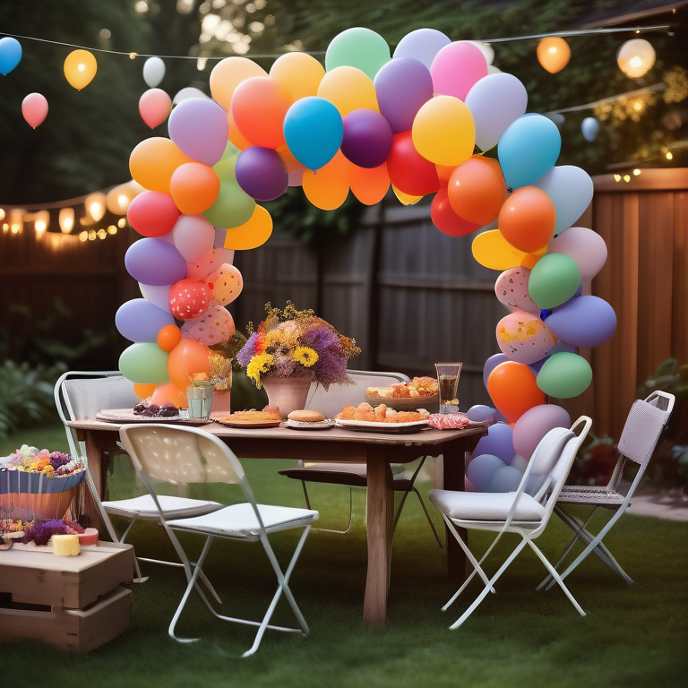 Backyard garden party adorned with a vibrant array of balloons, rustic table setting, and a warm, inviting atmosphere.