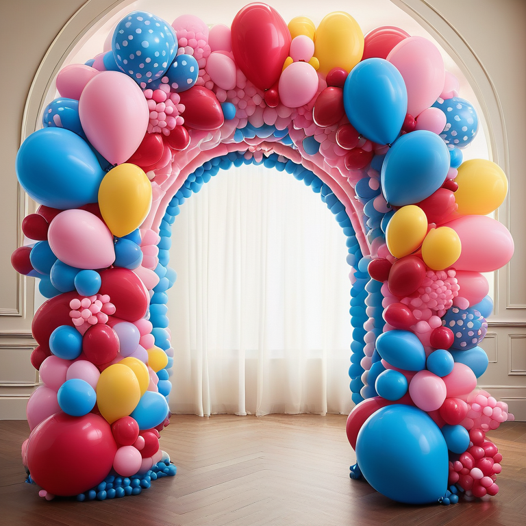 Colorful balloons with decorative patterns forming an archway in a festive celebration setting.