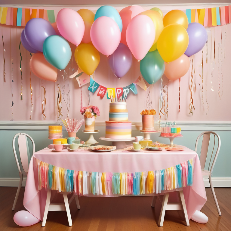 A vibrant children's birthday party setup with festive decorations, a cake on the table, and "Happy Birthday" backdrop.