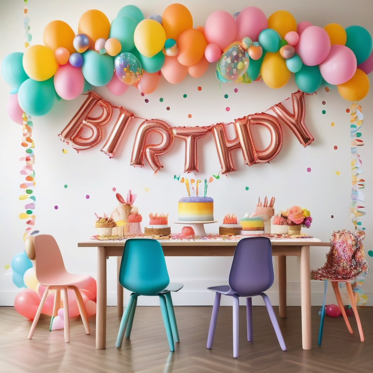 Partygoers celebrate under a sweeping balloon garland with mixed pastel and bright balloons.