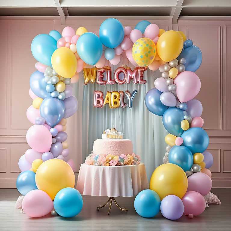 A room filled with pastel balloons and a large "Welcome Baby" foil balloon in a festive arrangement.